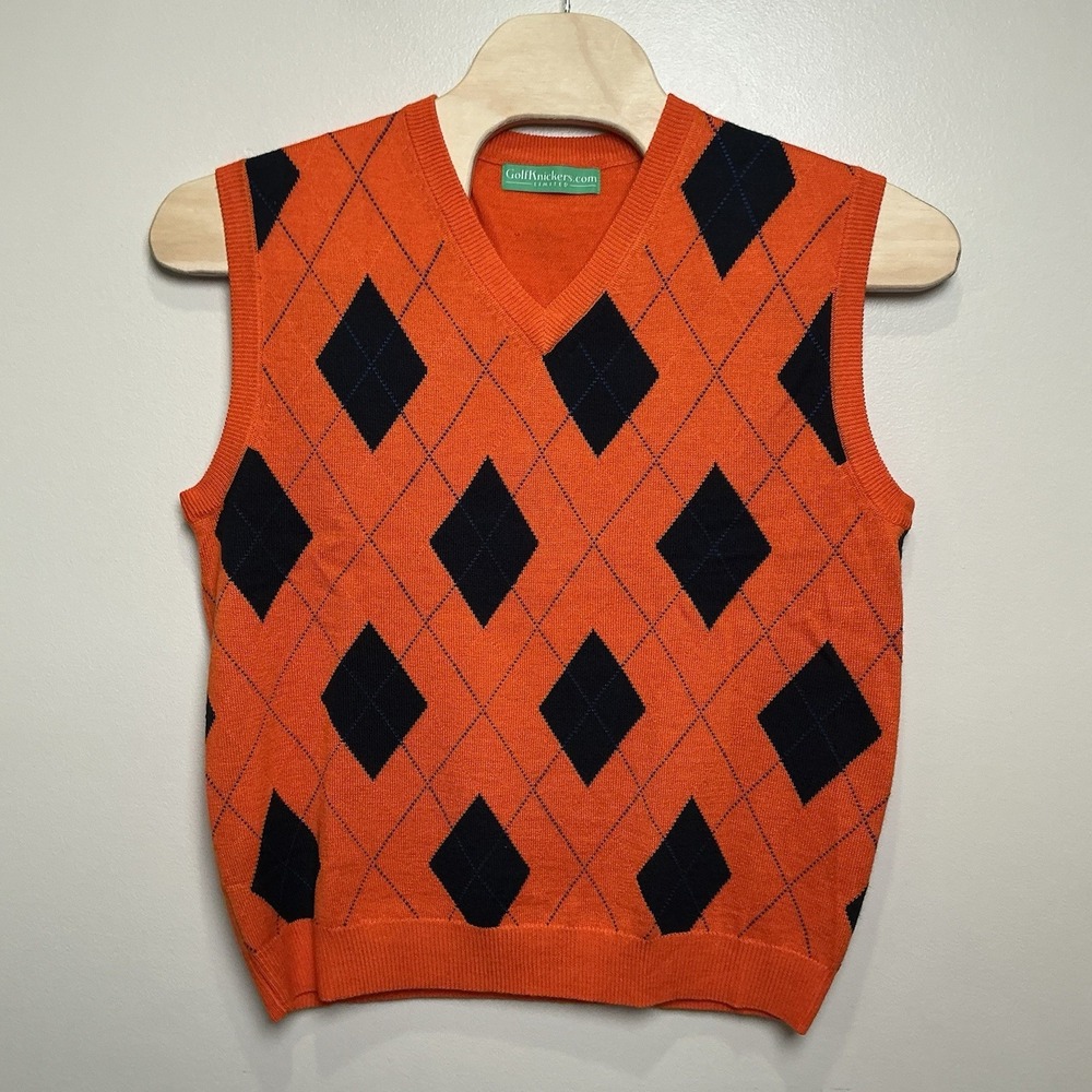 Golf Knickers Men's‎ Sweater Vest XL Orange Navy Argyle Wool Blend Mens NWOT